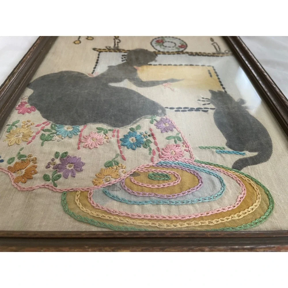 Vintage Hand Embroidered Silhouette Victorian Women Cat Framed Wall Folk Art 20t
